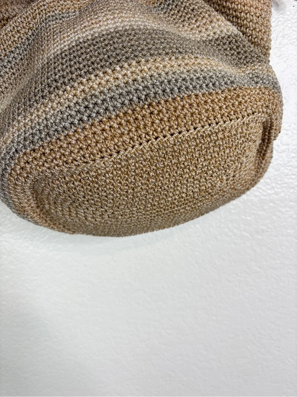 THE SAK Striped Crochet Leather Strap Hobo Purse Shoulder Bag Brown Cream